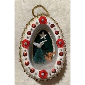 VINTAGE OVAL Push Pin Christmas Ornament Deer Diorama Red Beaded Sequin Velvet